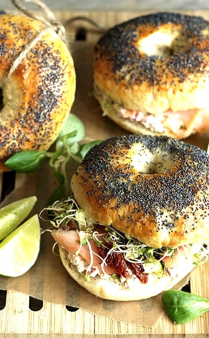 Bagels with smoked salmon and cream cheese with sun-dried tomatoes