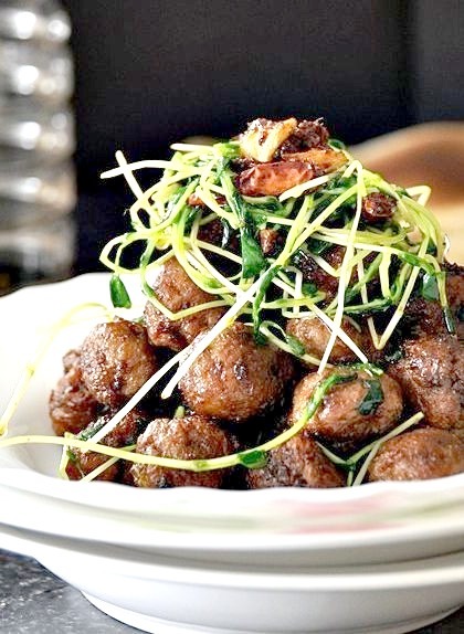 Lamb Meatballs with Sriracha and Snow Pea Sprouts (via Fuss Free Cooking)